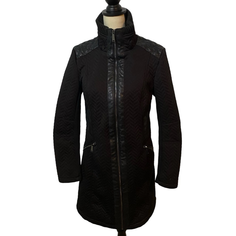 BCBGeneration Black Herringbone Quilted Faux Leather Trench Jacket in Sz S
